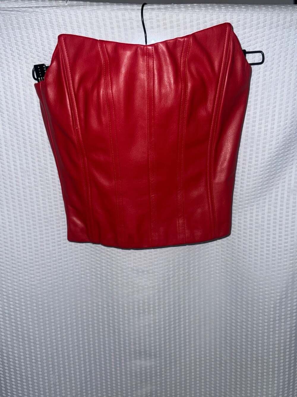 Tiger Mist Red Faux Leather Zip-Front Corset Top